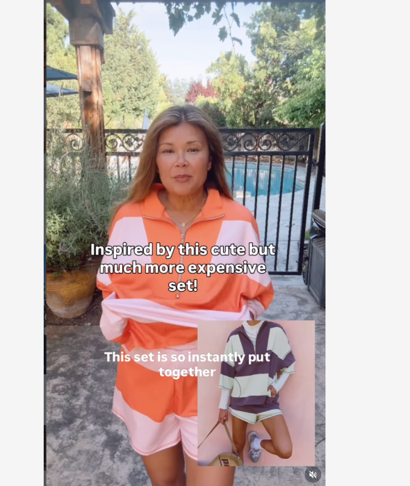 Creator in a matching orange striped set