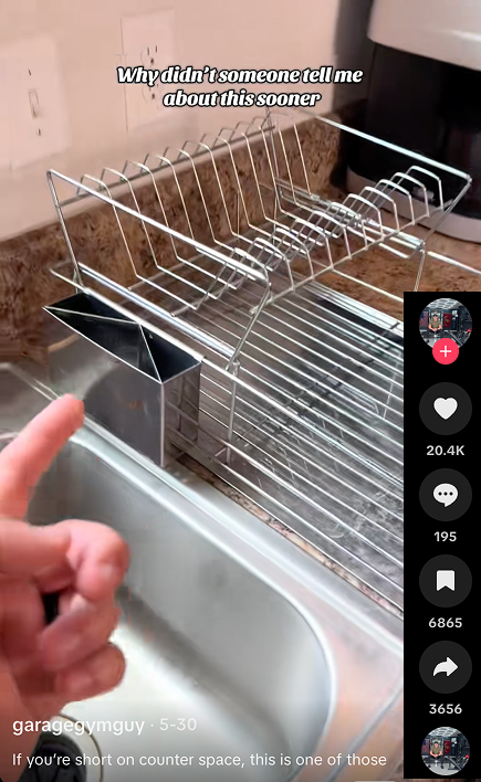 TikTok: counter-space dish rack hack by garagegymguy