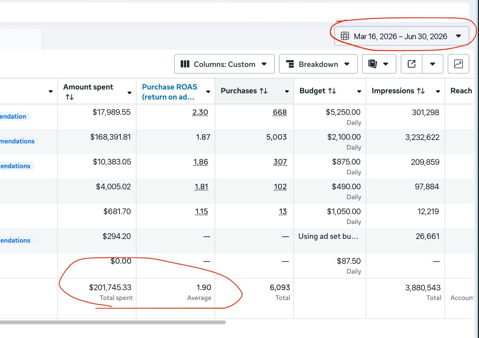 Media buying account structure and results screenshot